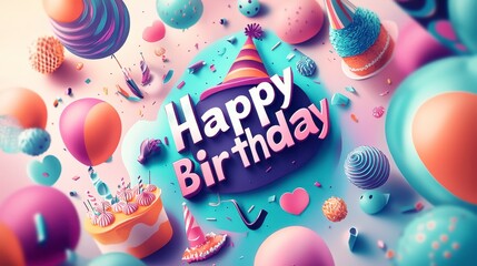 Party-themed vector template, with the word "Happy Birthday" , hat, balloons, cake, whistle, bright abstract background