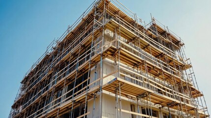 A large construction site with extensive scaffolding under a clear blue sky.