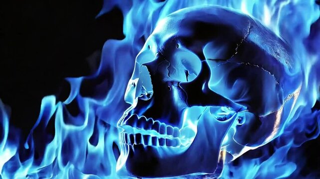 A skeletal skull engulfed in blue flames stands out in the darkness. The flames highlight the outline of the skull, creating an eerie yet beautiful contrast.