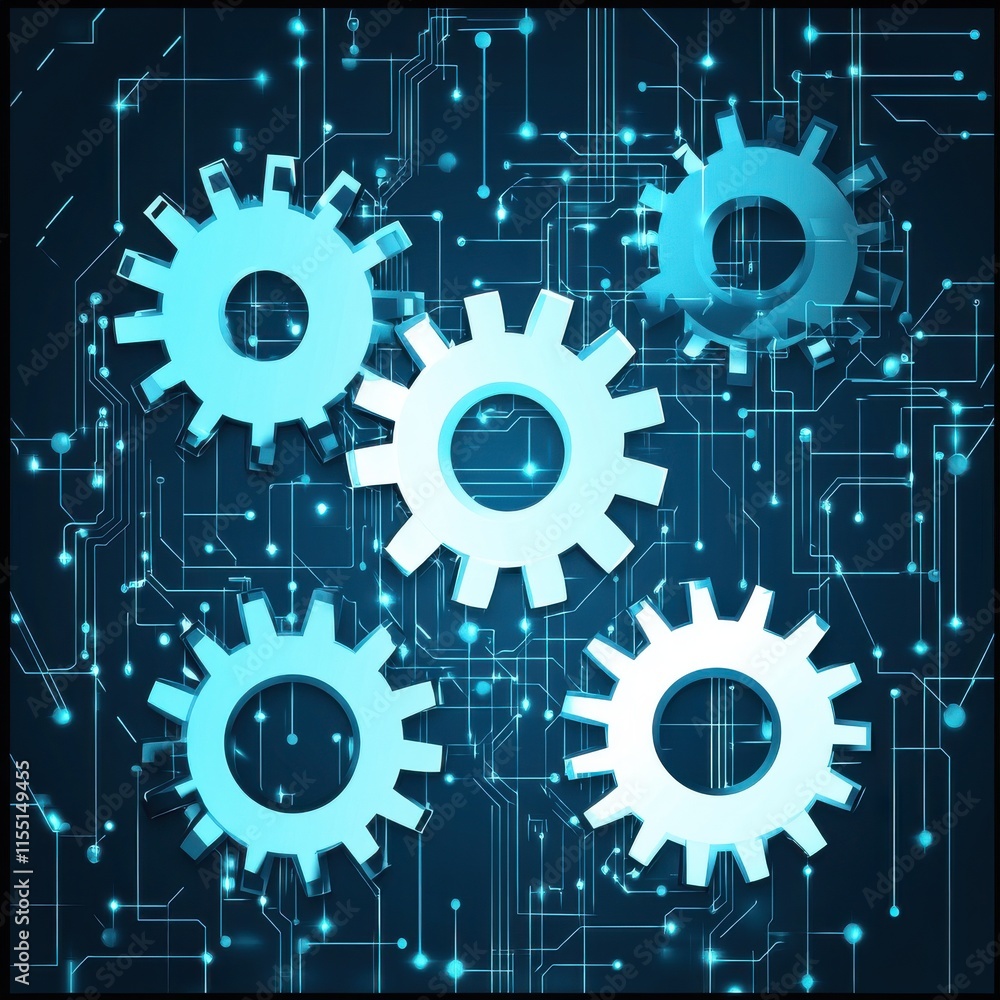 Poster abstract illustration featuring interconnected gears on a digital circuit board background in shades