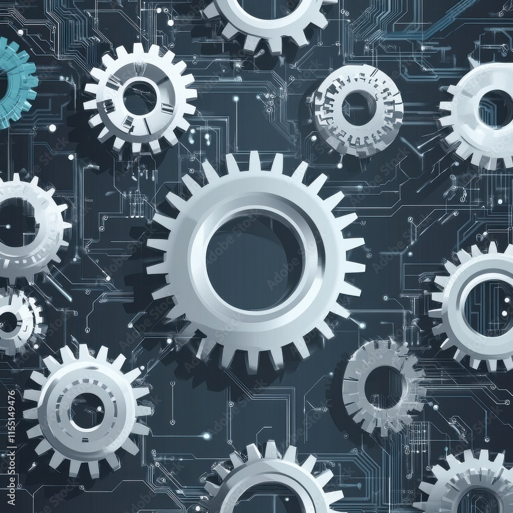 Poster abstract composition of interlocking gears against a dark, circuit-patterned background, symbolizing