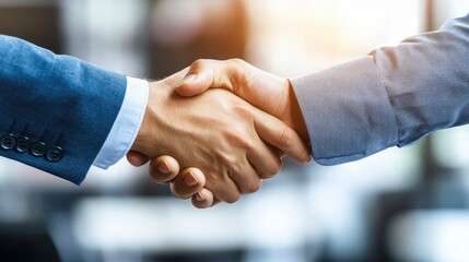 Professional Handshake. Two businessmen shaking hands in a well-lit, professional office interior.