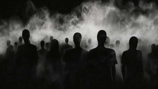 An eerie video of silhouetted people looking at the camera and motionless, like many mannequins, amidst smoke. The camera zooms in.