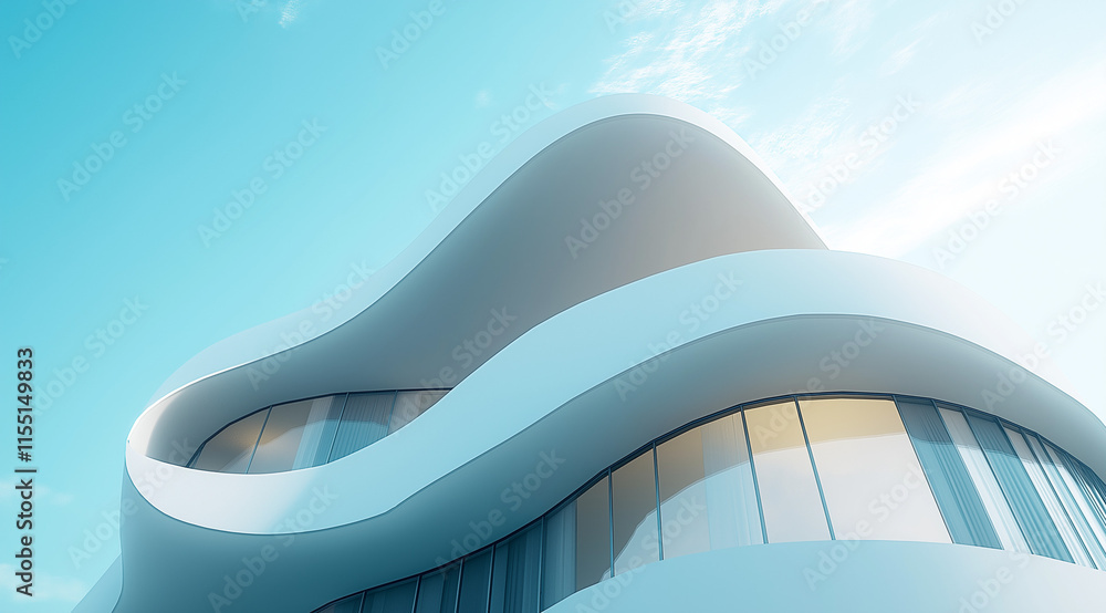 Poster 3d render of a sleek, white parametric architecture building with curved, fluid shapes. minimalistic