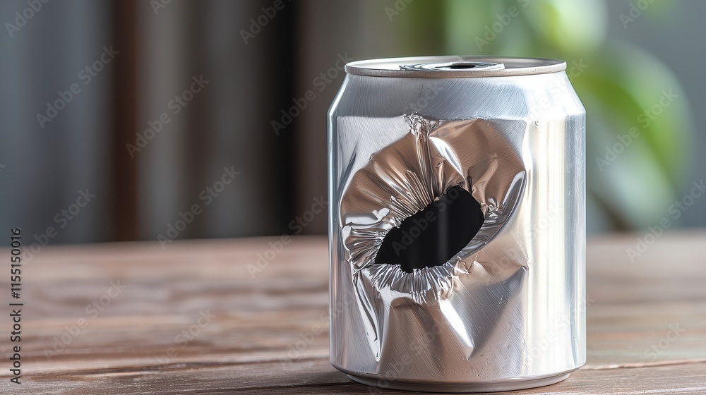 Poster defects on pieces of work concept, close-up view of dented aluminum can highlighting textured surfac