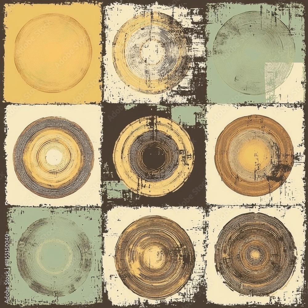Poster abstract geometric patterns featuring circular designs in earthy tones and textures.