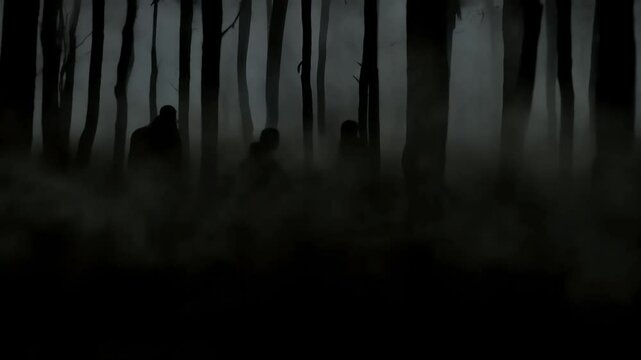Suspicious people crawl through an eerie forest filled with dark fog. The camera zooms in.
