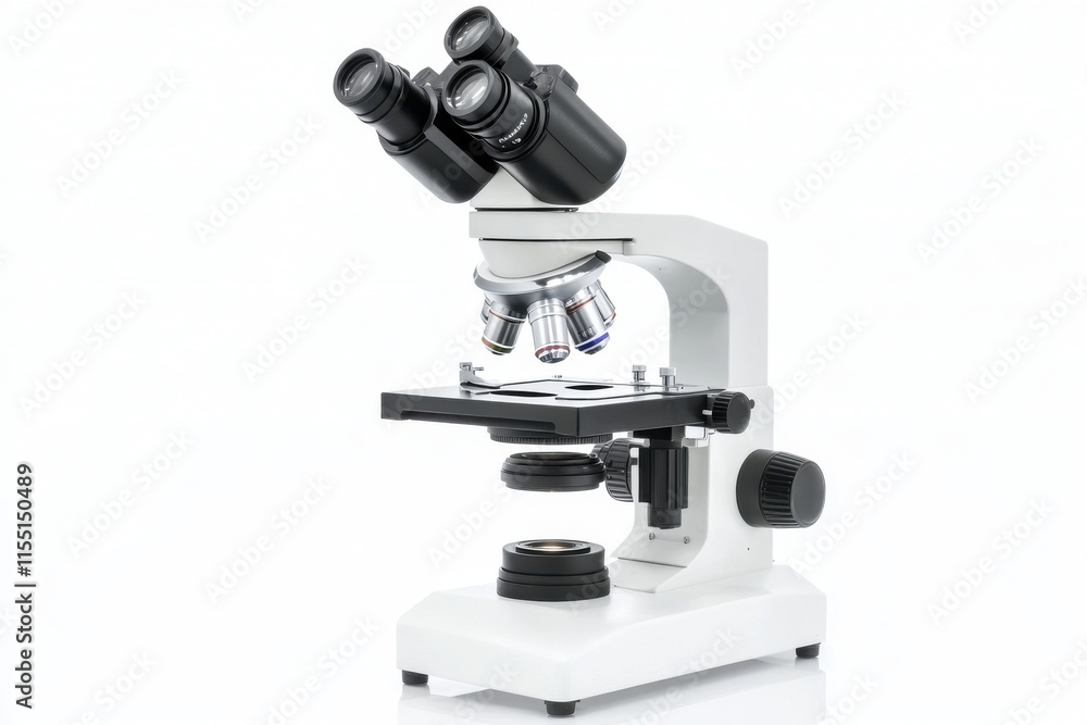 Poster a professional laboratory microscope with dual eyepieces and multiple objective lenses on a clean wh