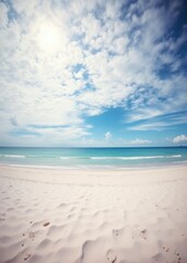 Tropical paradise, pristine white sand beach, turquoise ocean, fluffy white clouds, vibrant blue sky, serene coastal landscape, sunlit shoreline, calm seascape, dreamy vacation destination, soft sand 