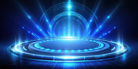 Futuristic holographic spot light shining on HUD circle with blue glow on background, hologram