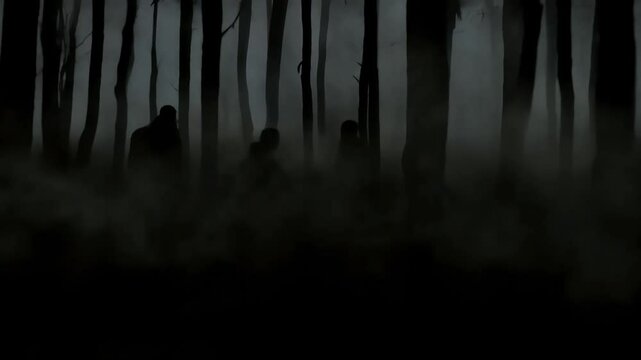 Suspicious people crawl through an eerie forest filled with dark fog. The camera zooms in.