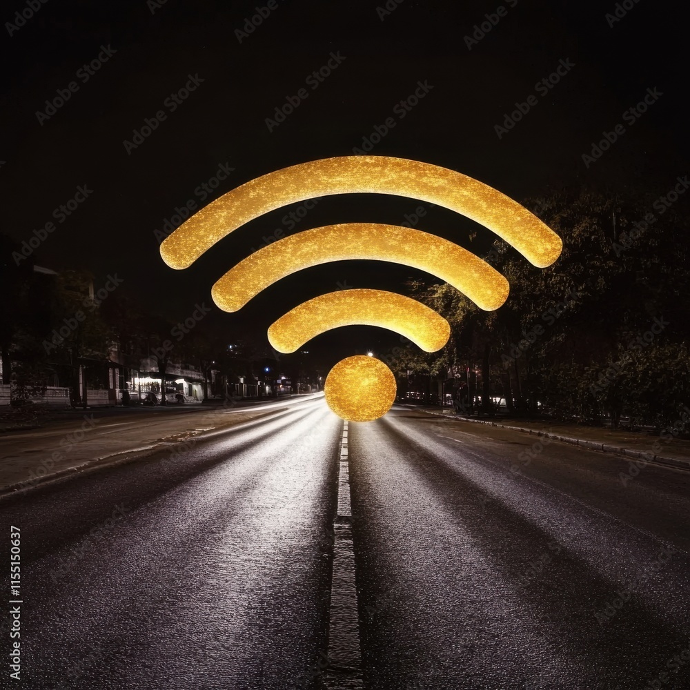 Poster a glowing wi-fi symbol emanates from a deserted road at night, creating a surreal and modern atmosph