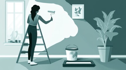 A woman of Hispanic descent paints a wall while standing on a ladder, surrounded by houseplants.