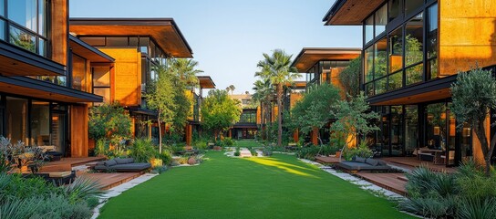 Fototapeta premium Modern courtyard with lush greenery and contemporary architecture.