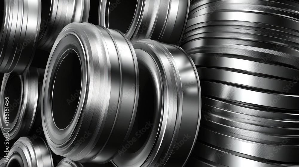 Poster close-up of shiny metallic rings, showcasing their smooth texture and reflective surfaces in a stack