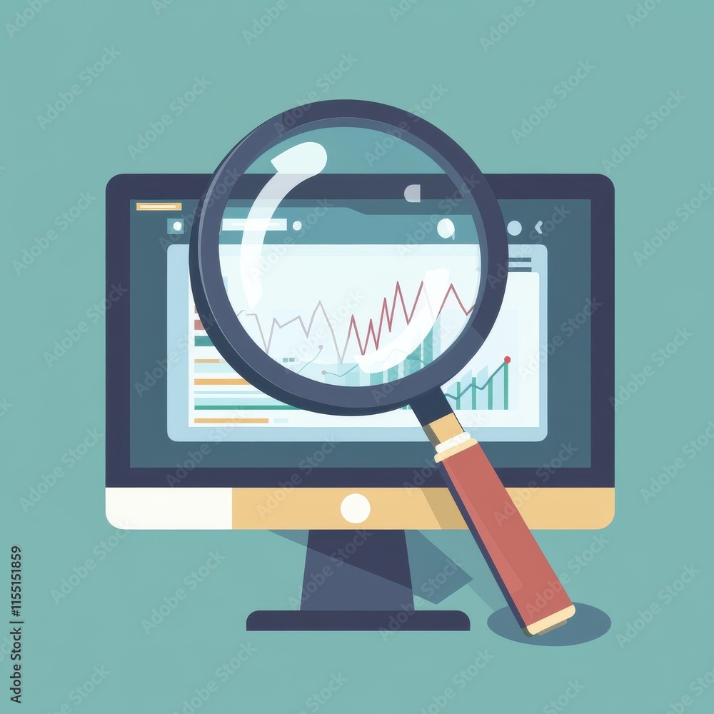 Poster a stylized illustration of a computer screen displaying data analytics, magnified by a large magnify