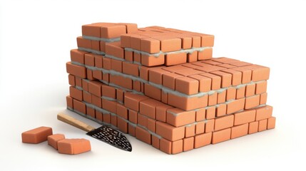 Stack of terracotta bricks with a trowel ready for construction work.