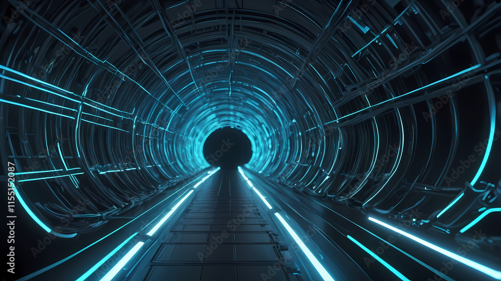 Aufkleber neon tunnel: journey into the digital frontier with this striking 3d rendering of a futuristic neon-