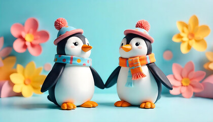 Fototapeta premium A group of 3d cute penguin figurines wearing top hats and scarves, arranged in a heart shape against a pastel background with colorful paper cutouts, created with generative ai