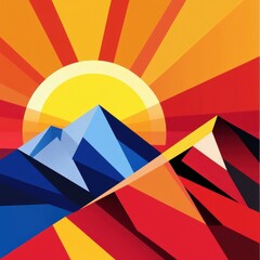 Fototapeta premium A vibrant geometric landscape of mountains under a radiant sun, showcasing bold colors and sharp angles.