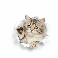 Adorable Minuet Kitten Emerging from Torn Paper - Fluffy and Curious Feline on White