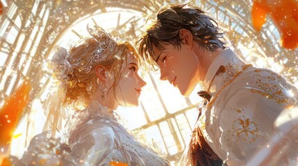 Fototapeta premium Anime couple attending victorian era ball fantasy event elegant costumes dreamy environment romantic viewpoint