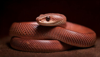 Fototapeta premium A snake is curled up on the ground. The snake is brown and has a long body. The snake is not moving and he is resting.