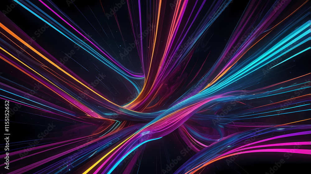 Poster neon flux: abstract art of vibrant, glowing neon lines twisting and swirling in a captivating dance 