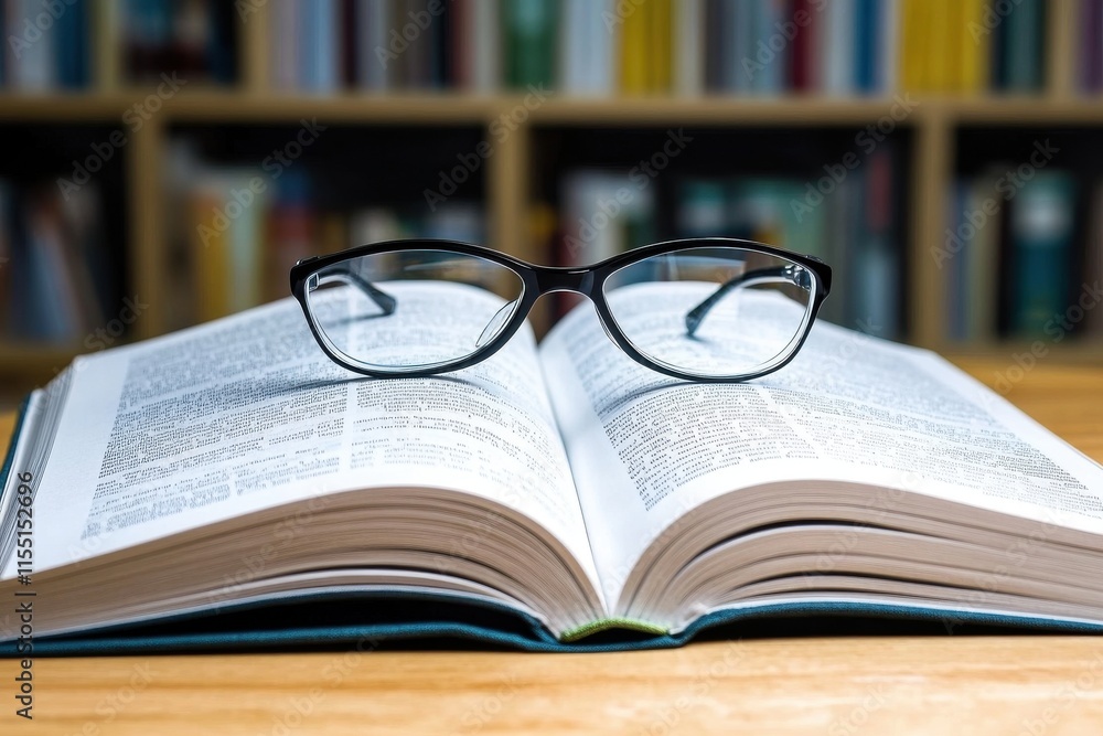 Poster a close-up of black glasses resting on an open book, symbolizing knowledge and learning.