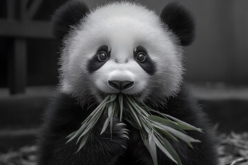 Fototapeta premium Adorable Panda Cub Enjoying Fresh Bamboo Shoots