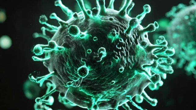 An electron microscope image of a virus that looks like a nebula in space. The spike protein on the surface of the virus particle is characteristic.