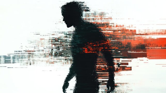 Glitch effect silhouette of a man, digital art.