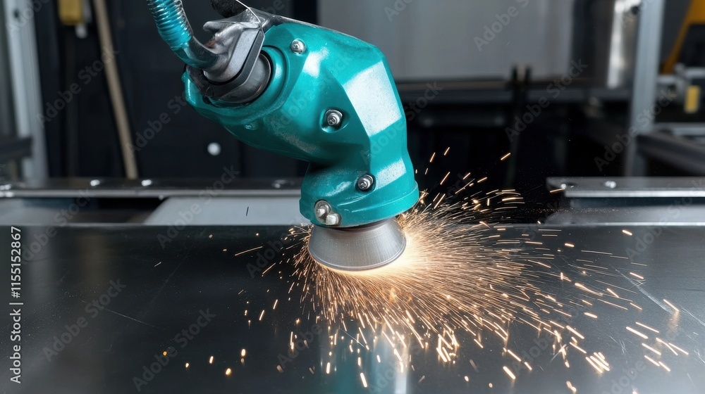 Poster a close-up of a grinding tool generating sparks while working on metallic surface.