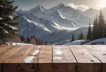 Table mockup for product presentation with Nordic winter landscape and snow-covered scenery