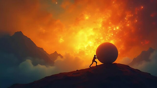 A silhouette of a person pushing a large sphere against a vibrant, fiery backdrop.