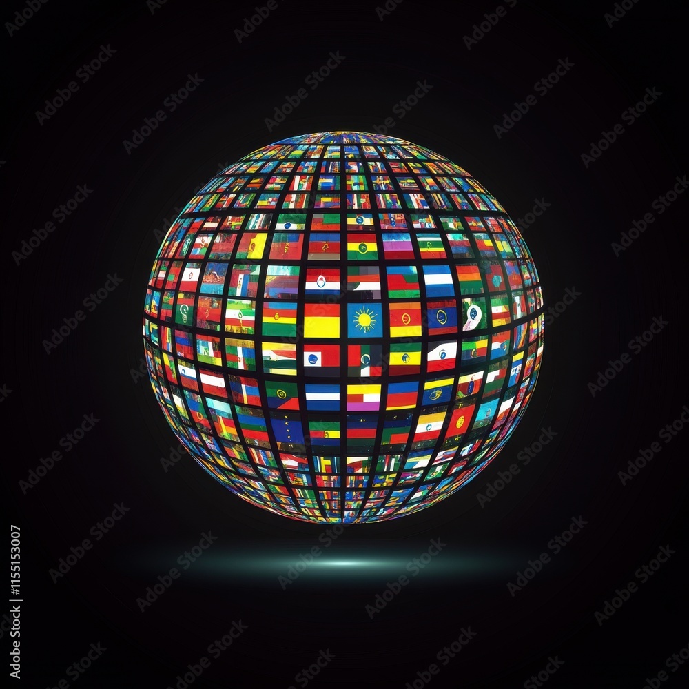Aufkleber a vibrant globe composed of various country flags, symbolizing global unity and diversity.