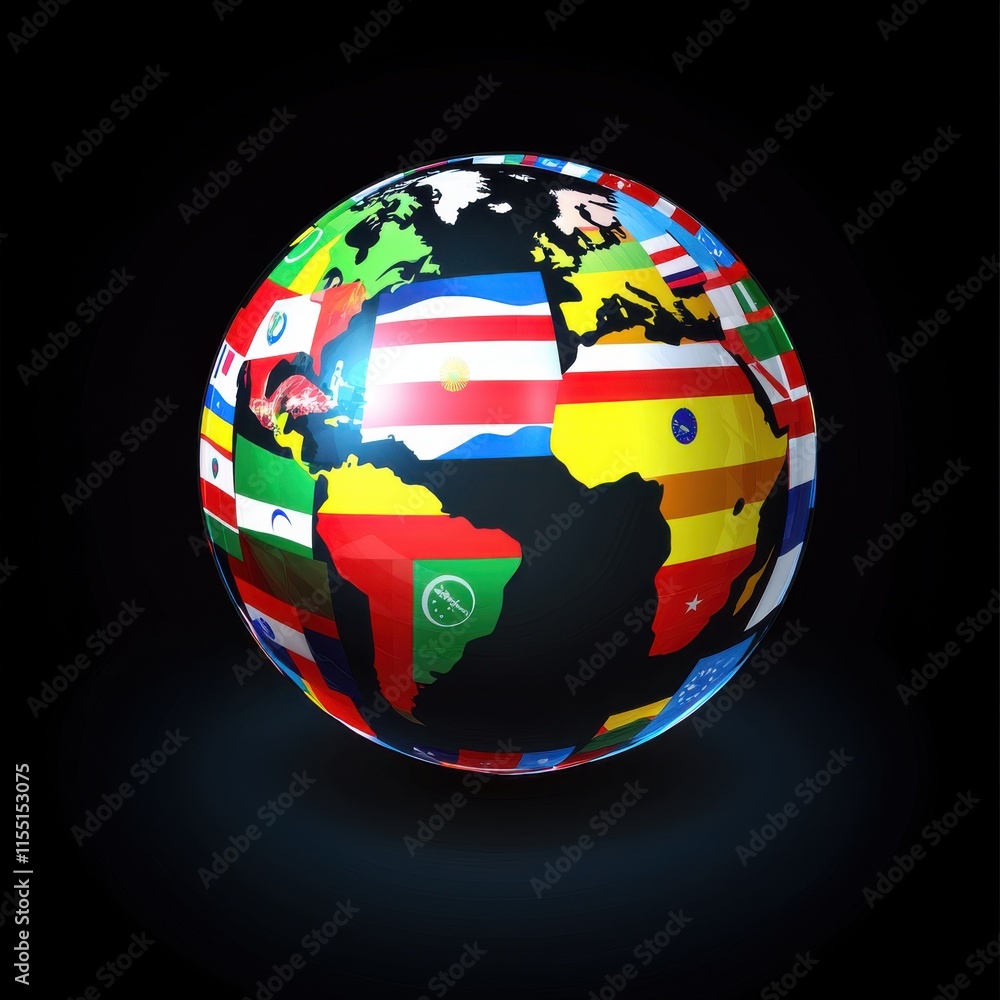 Poster a colorful globe covered with flags representing diverse countries, symbolizing global unity and div