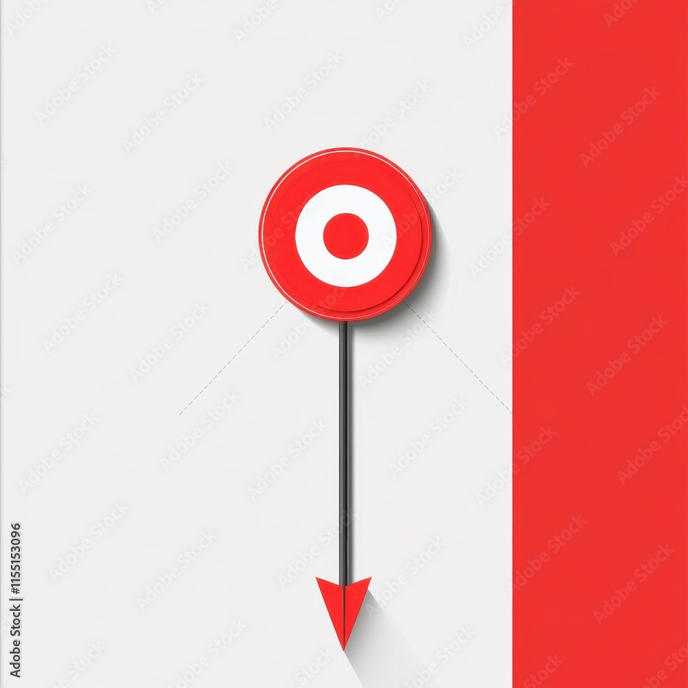Poster minimalist red and white design featuring a circular target-like symbol with an arrow pointing down.