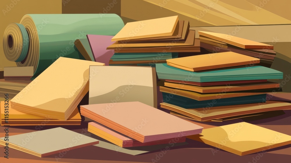 Poster colorful stack of paper sheets in various shapes and sizes, creating an artistic and vibrant display