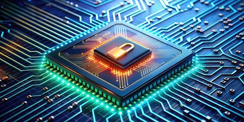 CPU on board with holographic security alert display, CPU, board, security, alert, hologram, technology, electronic