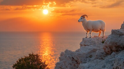 Fototapeta premium Majestic white ram atop rocky cliff overlooking sunset ocean vista.