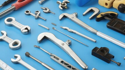 A collection of various metal tools arranged neatly on a blue background, showcasing their intricate designs.