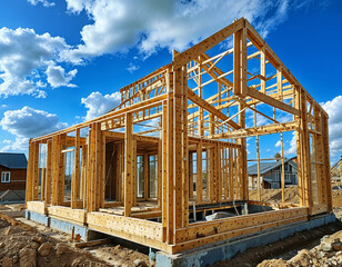 New Home Construction: Framing, foundation, wood, construction, site, building, residential, development, housing, home, project, architecture, construction,  engineer, blueprint, contractor.