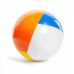 A colorful inflatable beach ball with vibrant orange, blue, yellow, and white sections, perfect for summer fun.