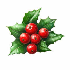 red holly berries and green leaves bunch isolated on transparent background Generative Ai.