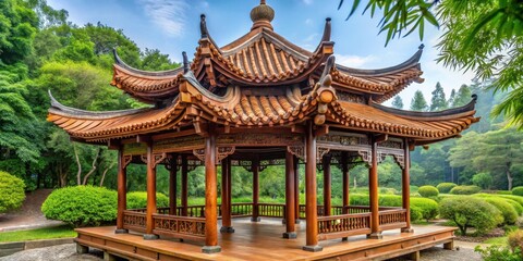 Obraz premium Chinese style gazebo with intricate wooden carvings and traditional roof tiles, gazebo, Chinese, style, architecture