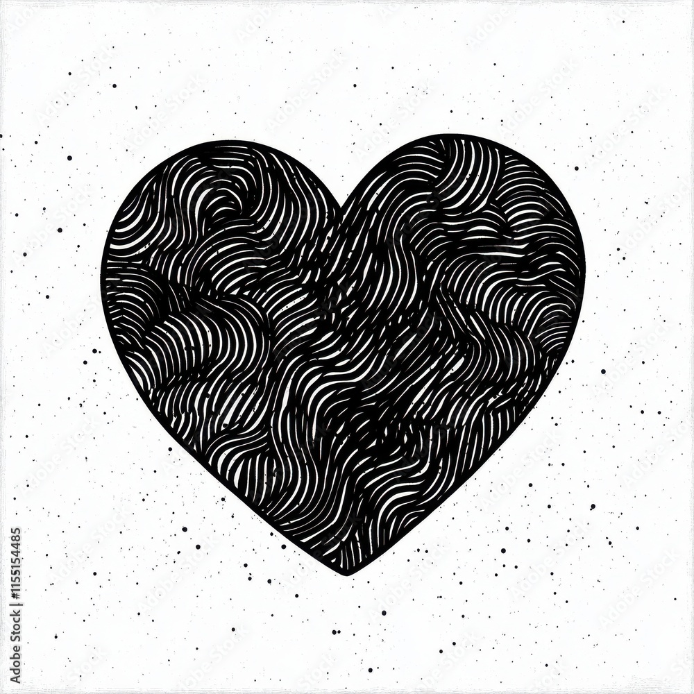 Poster artistic black and white heart shape with intricate wavy patterns on a textured background.