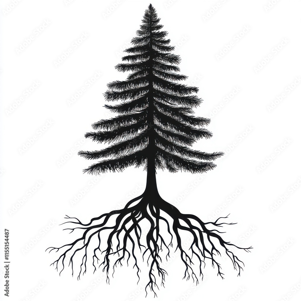 Poster a striking monochrome illustration of a pine tree with intricate roots, symbolizing strength and con