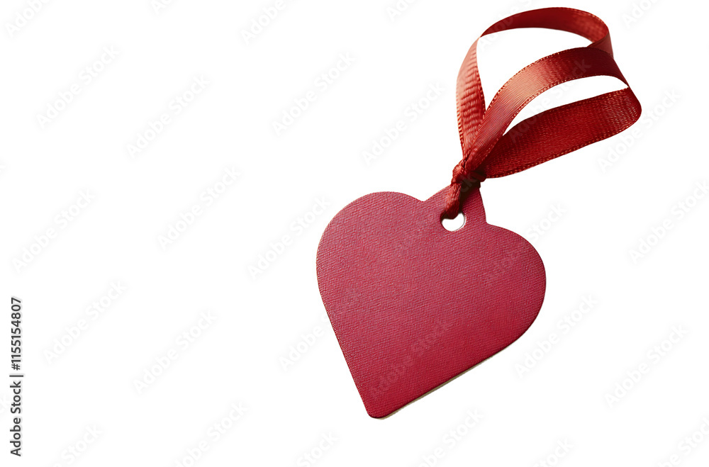 Poster red heart-shaped tag with a ribbon on a plain white background