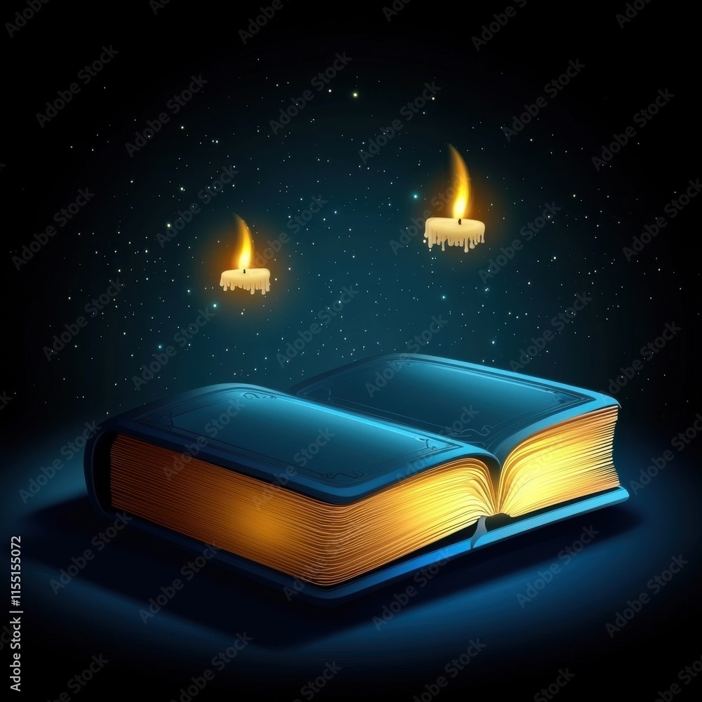Poster a glowing open book with faint candlelight illuminating the pages, creating a mystical atmosphere.